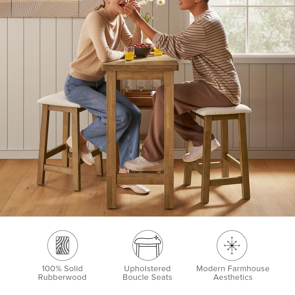 mopio Kelly Solid Wood Counter Table Set with 2 Boucle Stools, 3-Piece Dining Table Set for 2, Small Kitchen Island Table with Storage Shelves, for Living Room, Dining Room, Kitchen mopio