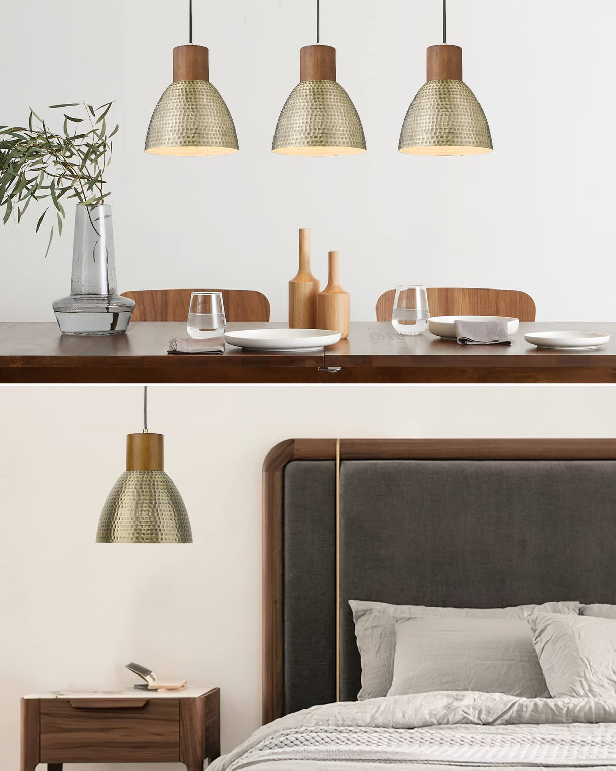 ELYONA Vintage Hammered Pendant Light Fixture, 7” Brushed Brass Metal Hanging Light Solid Wood Antique Gold Pendant Lamp for Kitchen Island, Farmhouse, Dining Room, Small, Adjustable Height ELYONA