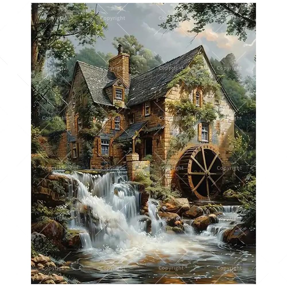 TAOPAOLAB Landscape Paint by Numbers Kit for Adults - DIY Old Watermill with Waterfall Painting on Canvas 16x20 Inches, Acrylic Paint Set, Suitable for Beginners, Art for Home Decoration or Gifts TAOPAOLAB