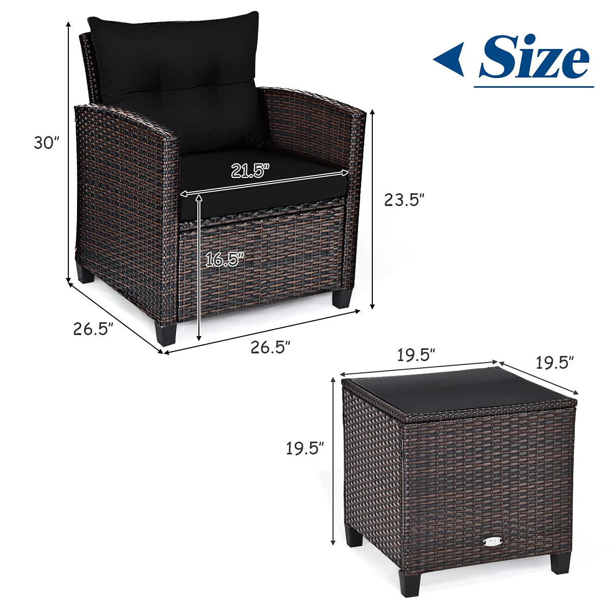 3 PCS Patio Furniture Set, OneSize, Black WoodArtSupply