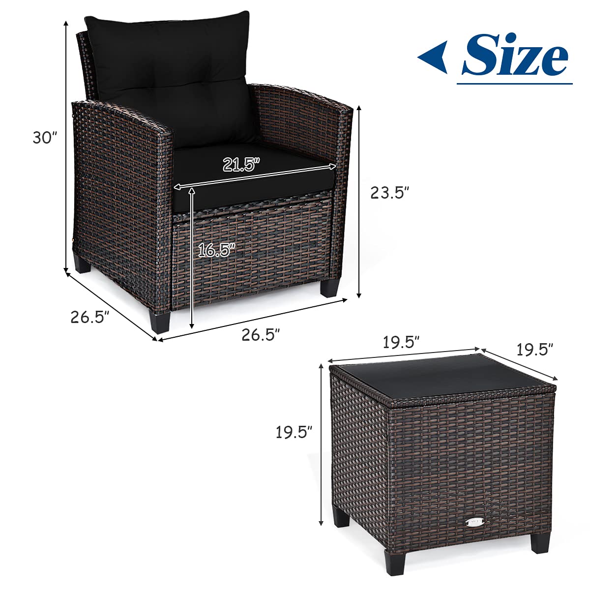 3 PCS Patio Furniture Set, OneSize, Black