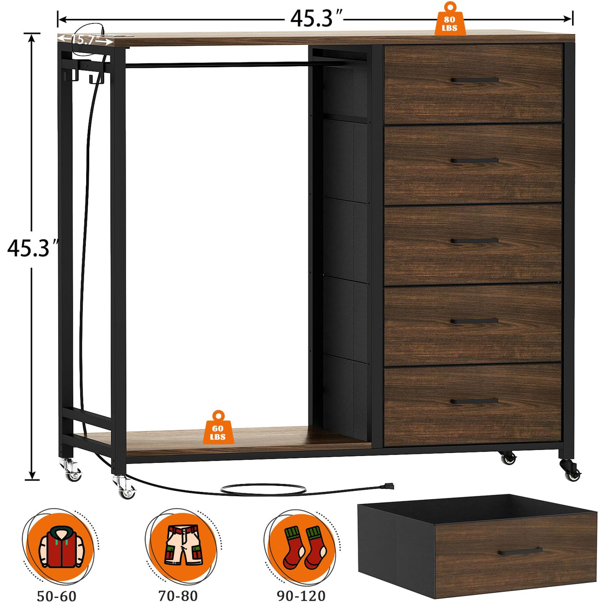 Cyclysio Dresser with Hanging Rack, 5 Fabric Drawers Dresser with Clothes Rack, Wooden Top Storage Chest of Drawers with Charging Station & LED Lights, Lockable Wheels, Closet Cyclysio
