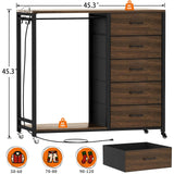 Cyclysio Dresser with Hanging Rack, 5 Fabric Drawers Dresser with Clothes Rack, Wooden Top Storage Chest of Drawers with Charging Station & LED Lights, Lockable Wheels, Closet Cyclysio