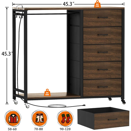 Cyclysio Dresser with Hanging Rack, 5 Fabric Drawers Dresser with Clothes Rack, Wooden Top Storage Chest of Drawers with Charging Station & LED Lights, Lockable Wheels, Closet Cyclysio