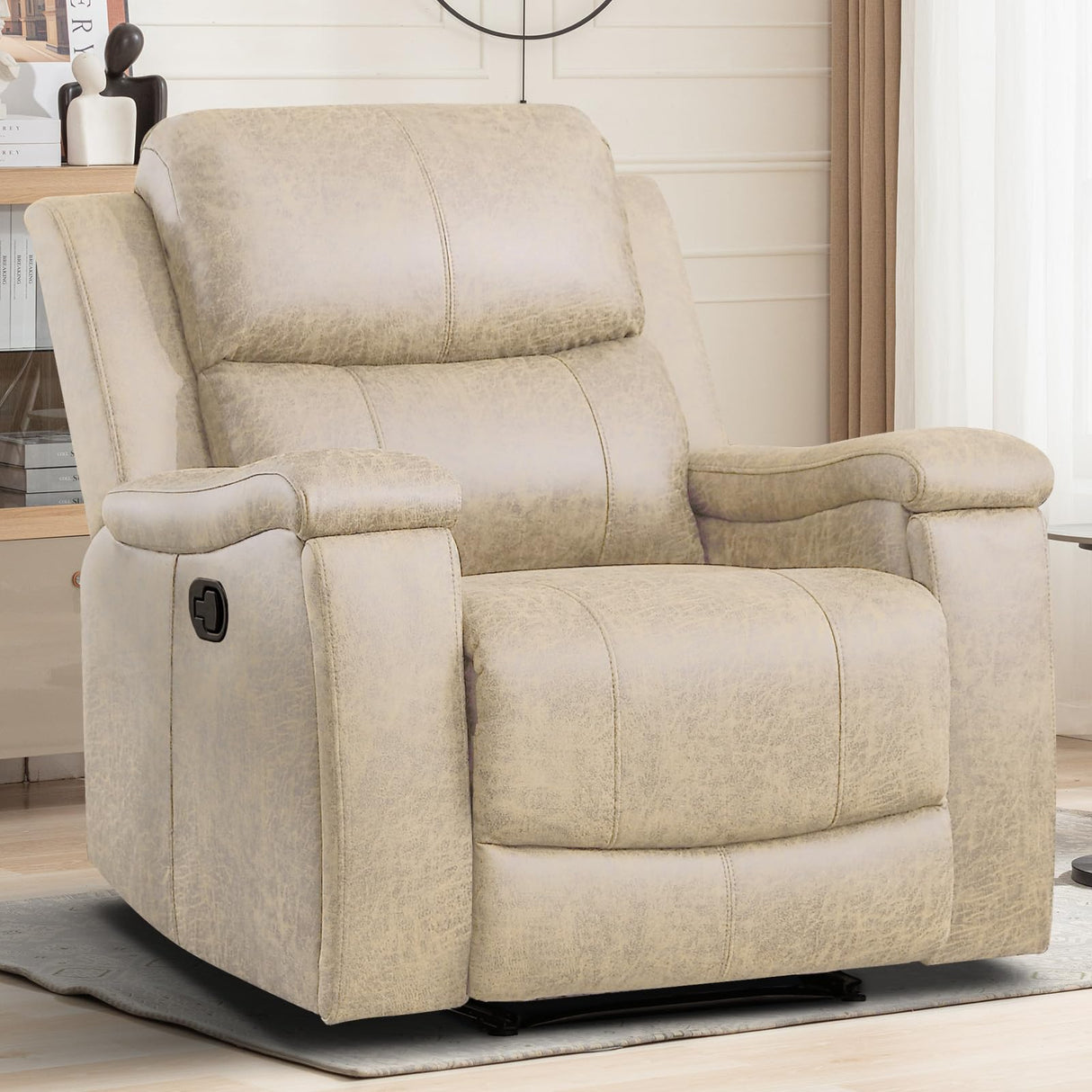 EBELLO Recliner Chair, Single Overstuffed Sofa Recliner, Breathable Faux Leather Manual Reclining Chairs with Hidden Cup Holder, Arm and Back for Adults, Living Room, Bedroom, Beige EBELLO