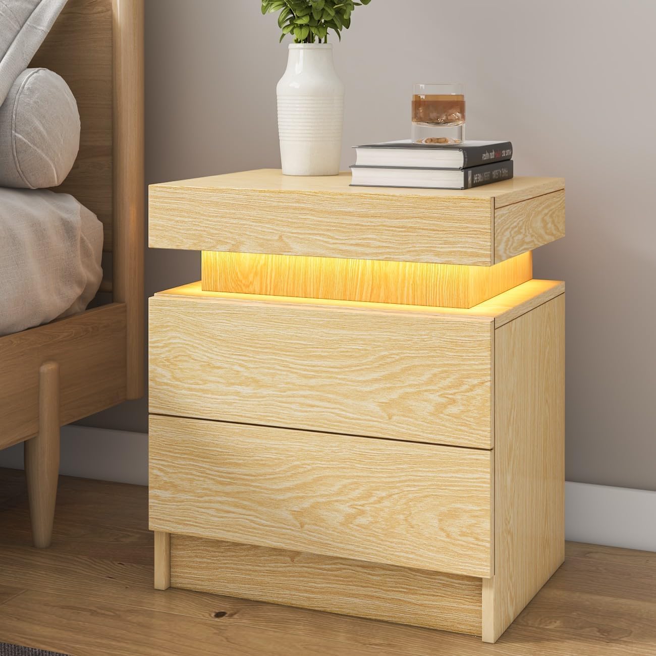 HOMMPA LED Nightstand Wood Bedside Table with Led Lights Modern LED Night Stand with 2 Drawers Smart Nightstand Matte Night Table for Bedroom 20.5" Tall - WoodArtSupply