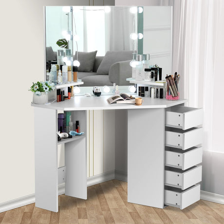 elifine Vanity Desk with Mirror and Lights, Makeup Corner Vanity with 5 Storage Drawers Shelves and 3 Dimmable Lighting Options and Vanity (White) elifine