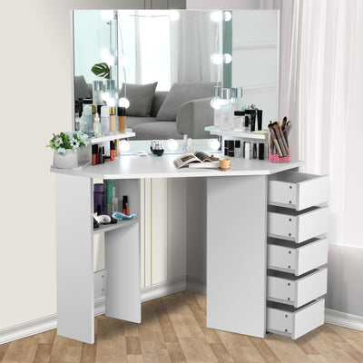 elifine Vanity Desk with Mirror and Lights, Makeup Corner Vanity with 5 Storage Drawers Shelves and 3 Dimmable Lighting Options and Vanity (White)