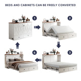 ijuicy Queen Murphy Bed with Storage & Multifunctional Charging Station, Farmhouse Murphy Cabinet Bed with Foldable Panel, Space-Saving Beds for Guest Bedroom, Living Room-White & Brown,with Mattress ijuicy