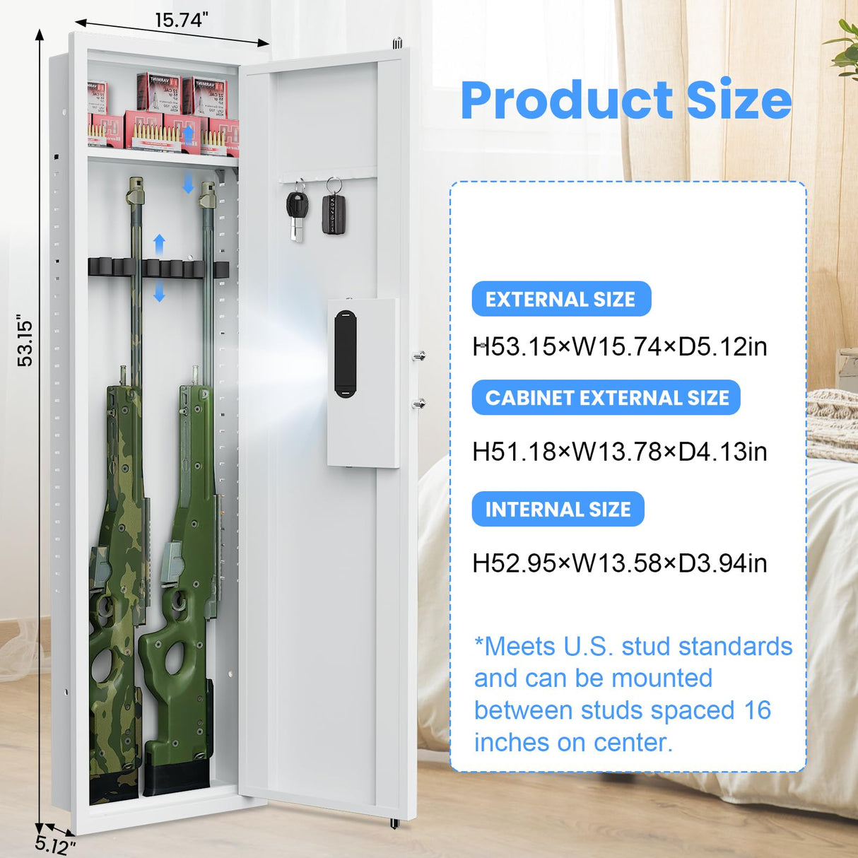 2024 NEW 53.15” Wall Gun Safe, Fingerprint Wall Safe Between the Studs with Dual Alarm ＆ Mute Mode, Hidden Wall Gun Safe for Rifles and Pistols with Adjustable Shelves, Magnetic Gun Support & Key Hook silkight