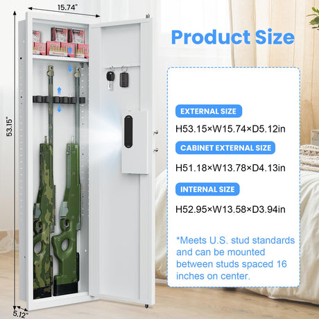 2024 NEW 53.15” Wall Gun Safe, Fingerprint Wall Safe Between the Studs with Dual Alarm ＆ Mute Mode, Hidden Wall Gun Safe for Rifles and Pistols with Adjustable Shelves, Magnetic Gun Support & Key Hook silkight