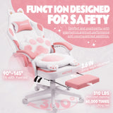 MEENICE Pink Gaming Chair Cute with Cat Ears Paw Lumbar and Cushion,Ergonomic Computer Chair with Footrest,Reclining PC Game Chair for Girl Computer Chair 300lbs for Adult MEENICE