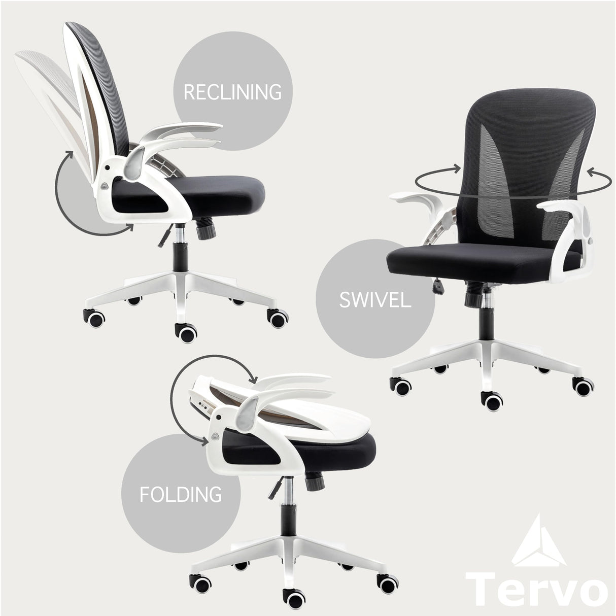 Tervo Model S | Folding Office Chair for Small Spaces | Gaming Chair for Adults & Kids | Ergonomic Mesh Computer Chair for Bedroom | Desk Chair for Home Work | (White & Black) Tervo