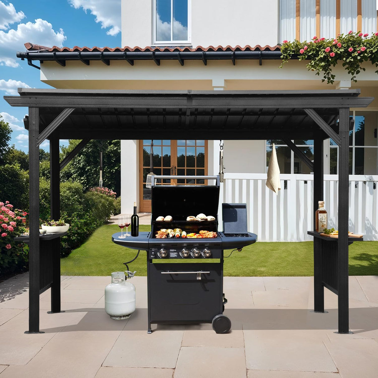 Domi 6.5x12FT Hardtop Grill Gazebo, Outdoor BBQ Gazebo with Galvanized Steel Sloping Roof, Metal Permanent Sun Shade Grill Canopy Shelter with 2 Side Shelves and Ceiling Hooks for Patio Yard, Gray domi outdoor living
