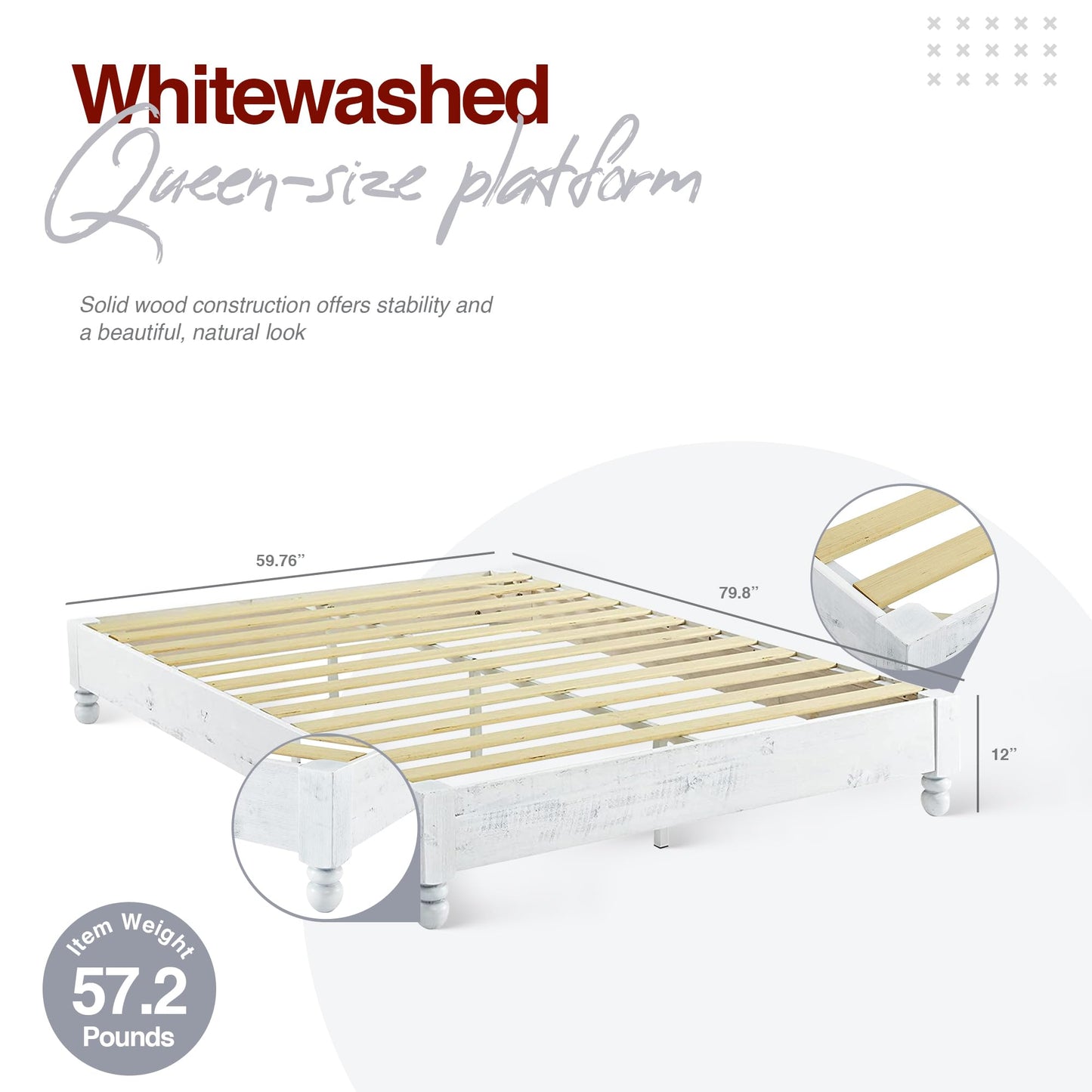 MUSEHOMEINC Solid Wood Platform Bed Frame Rustic Style,Mattress Foundation(no boxspring Needed), White Washed Finish,Queen