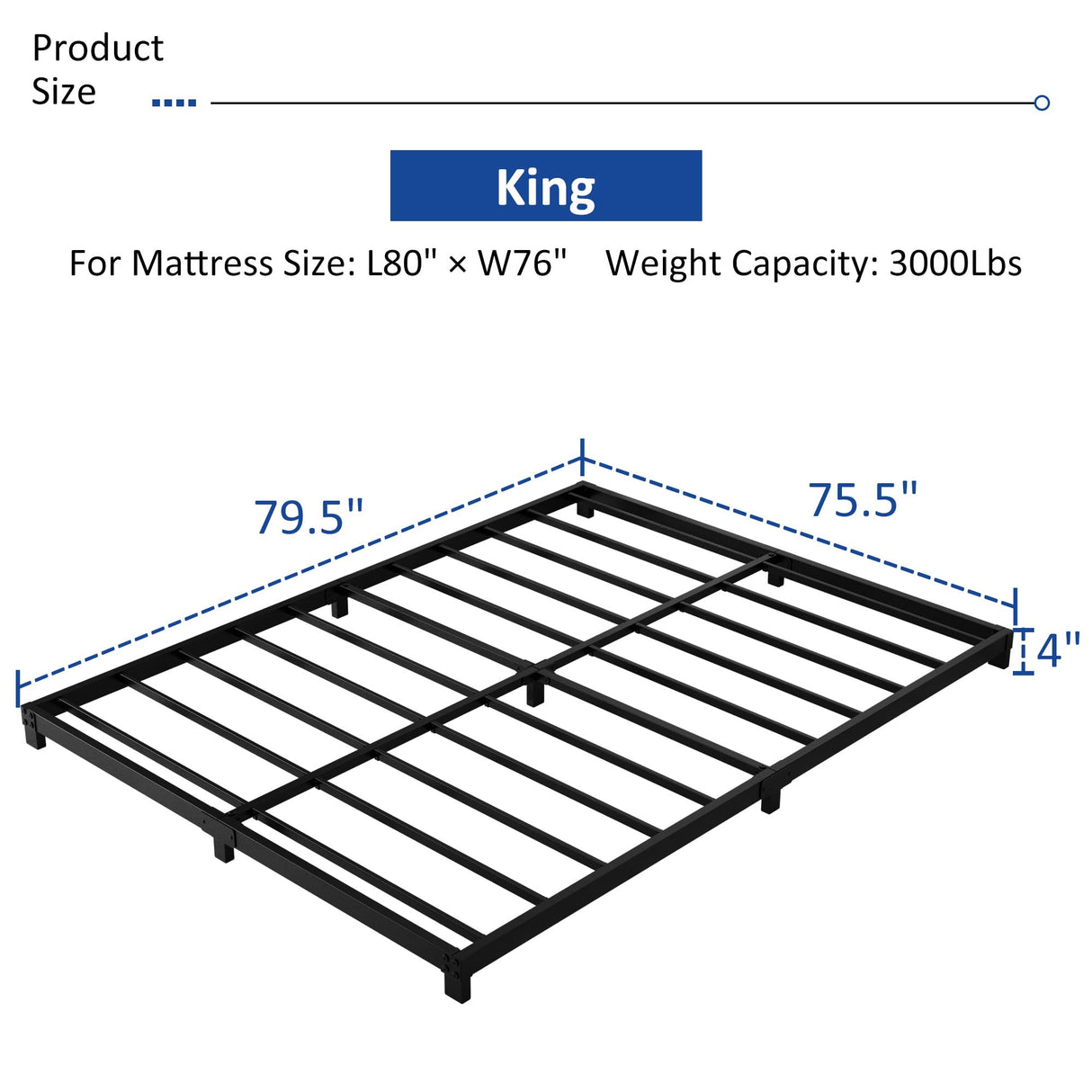 YUSENHEEI 4 Inch King Size Bed Frame, Heavy Duty Metal Platform Low King Bed Frame, No Box Spring Needed, Noise Free, Easy Assembly, Black YUSENHEEI