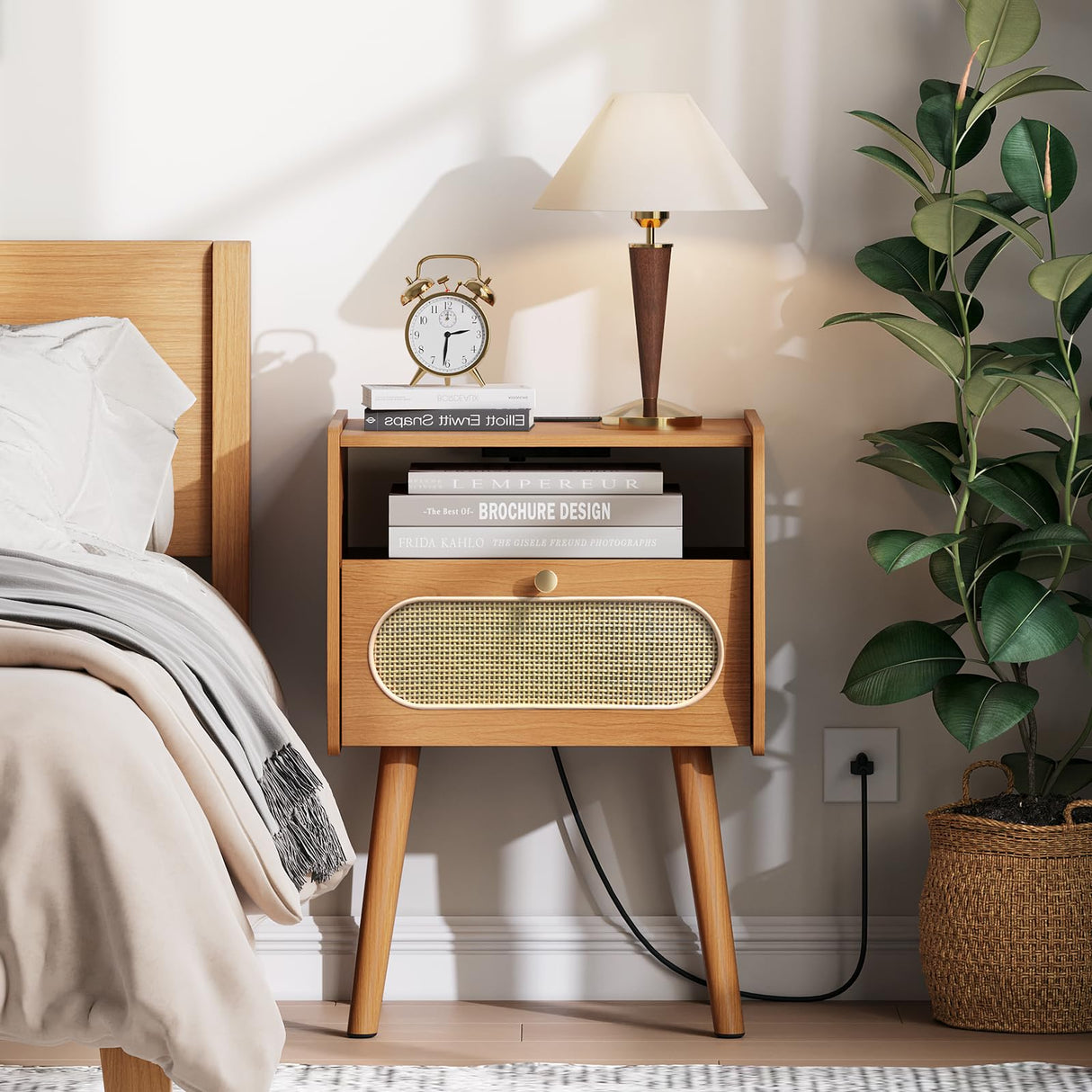 JOINICE Night Stand Set 2, Mid Century Modern Bedside Table with Charging Station & Rattan Decor Drawer, Boho End Table with Storage & Solid Wood Feet for Bedroom, Cherry JOINICE