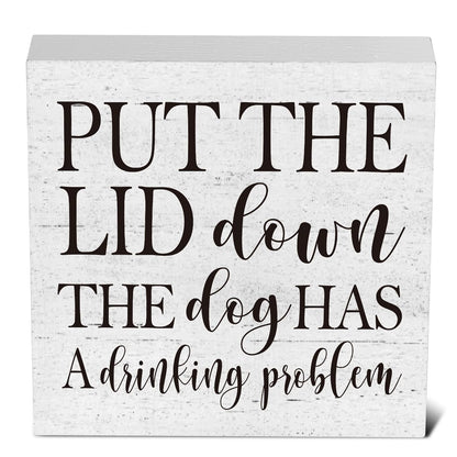 mmiishe Put the Lid Down the Dog Has a Drinking Problem Wooden Box Sign Decorative Funny Bathroom Wood Box Sign Home Decor Rustic Farmhouse Square Desk Decor Sign for Shelf 5 x 5 Inches