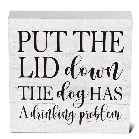 mmiishe Put the Lid Down the Dog Has a Drinking Problem Wooden Box Sign Decorative Funny Bathroom Wood Box Sign Home Decor Rustic Farmhouse Square Desk Decor Sign for Shelf 5 x 5 Inches mmiishe