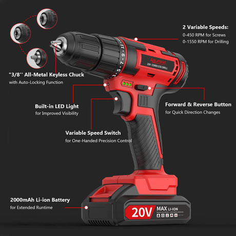20V Power Drill Cordless, Cordless Drill with Battery and Charger with Torque 30N, Impact Function, 3/8-Inch Keyless Chuck for Screwdriving and Drilling (Battery×1) ASUNKYT