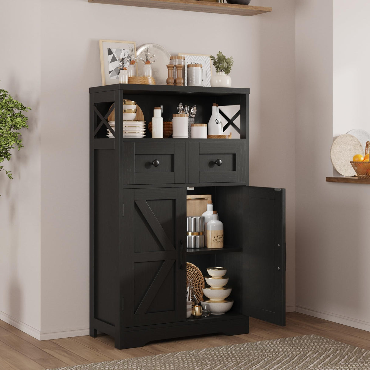 Black Storage Cabinet with Doors and Shelves, Farmhouse Kitchen Pantry Storage Cabinet, Small Coffee Bar Cabinet with Storage, Freestanding Floor Hutch Cupboard Cabinet for Kitchen/Laundry/Living Room FiveWillowise