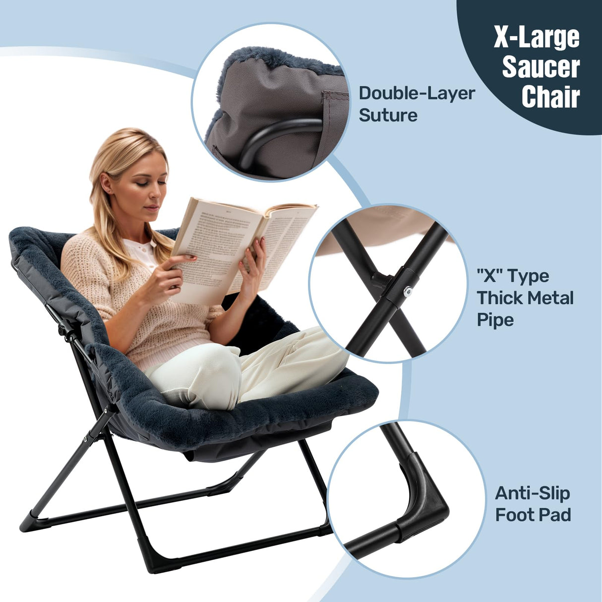 HollyHOME X-Large Saucer Chair, Comfy Oversized Folding Chair, Faux-Fur Reading Chair for Teens, Adults, Foldable Accent Lazy Chair, Metal Frame Lounge Chair for Living Room, Bedroom, Dorm, Navy Blue HollyHOME