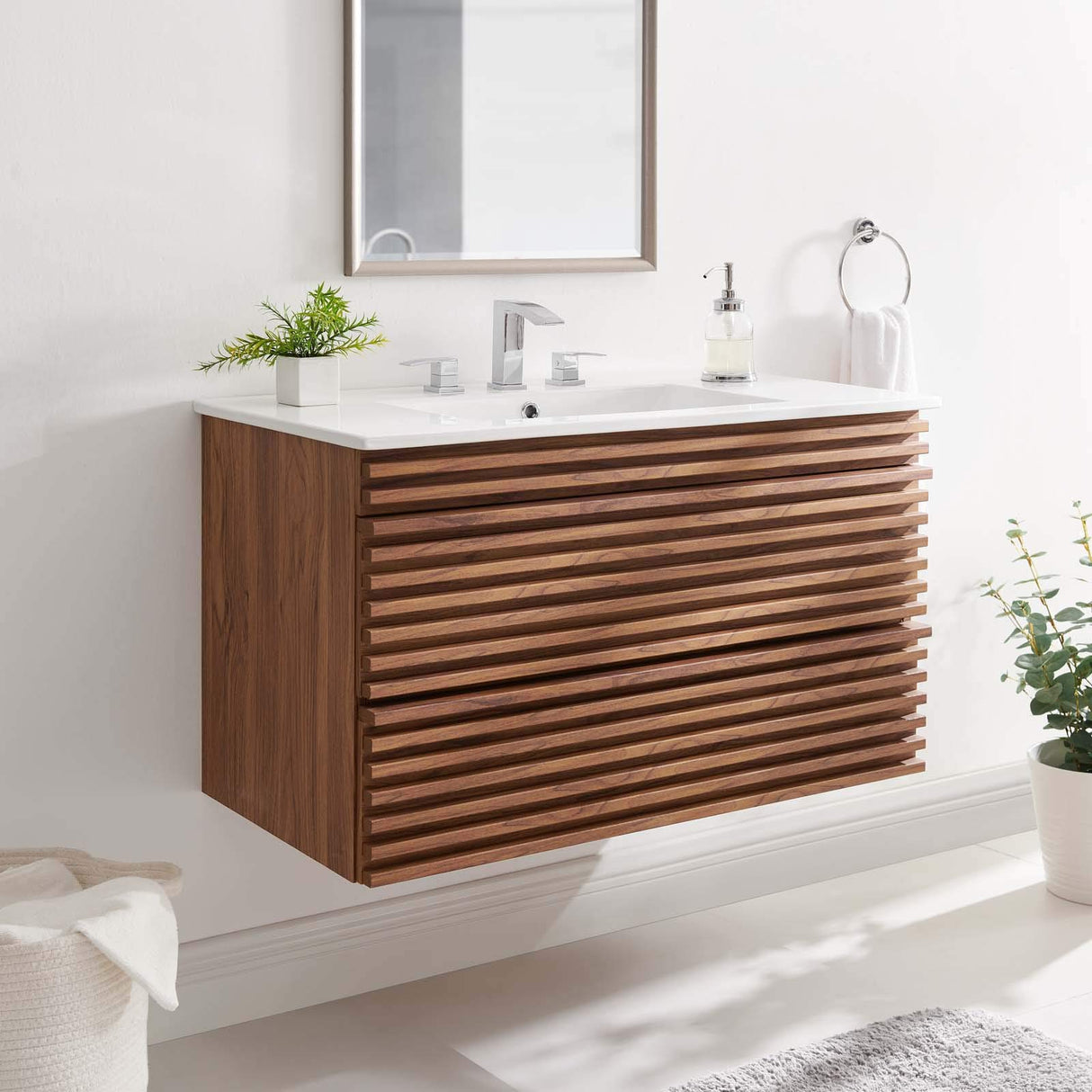 Modway Render 36" Wall-Mount Bathroom Vanity in Walnut White Modway