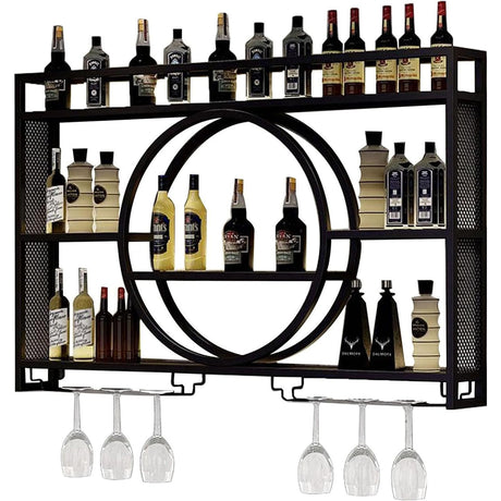 Wall Mounted Wine Rack, Hanging Metal Round Wine Rack Cabinet, Multifunctional Storage Rack, Vintage Style Wine Bottle Shelf, with Wine Glass Holder, for Home Restaurant Bars (140cm/55.1in) Hrwug