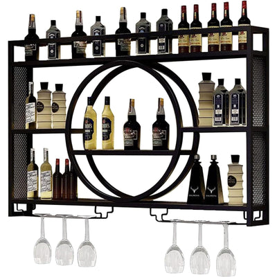 Wall Mounted Wine Rack, Hanging Metal Round Wine Rack Cabinet, Multifunctional Storage Rack, Vintage Style Wine Bottle Shelf, with Wine Glass Holder, for Home Restaurant Bars (140cm/55.1in)