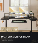 OffiGo U Shaped Electric Standing Desk with Keyboard Tray, 55 Inch Height Adjustable Desk with Power Outlets & LED Lights, Sit Stand Table with Monitor Stand for Home, Office, Black OffiGo