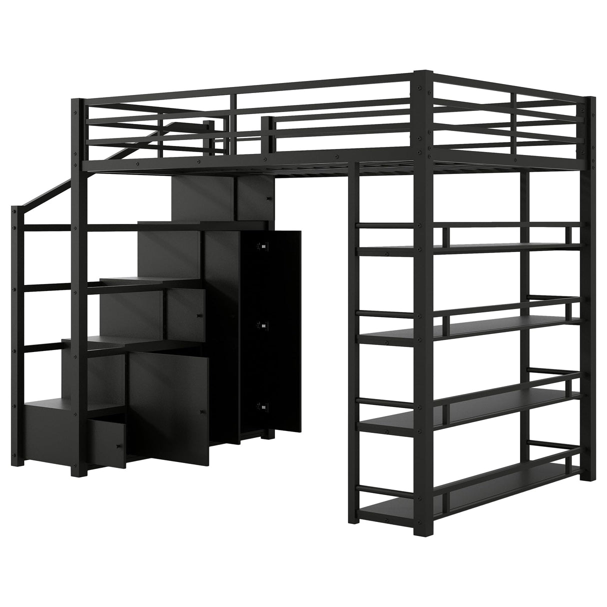 SOFTSEA Full Size Loft Bed with Storage Stairs, Full Metal Loft Bed with Wardrobe, Shelves, Cabinets and Wardrobe for Adults, Stairway Loft Bed Heavy Duty with Storage Steps for Kids Teens, Black SOFTSEA