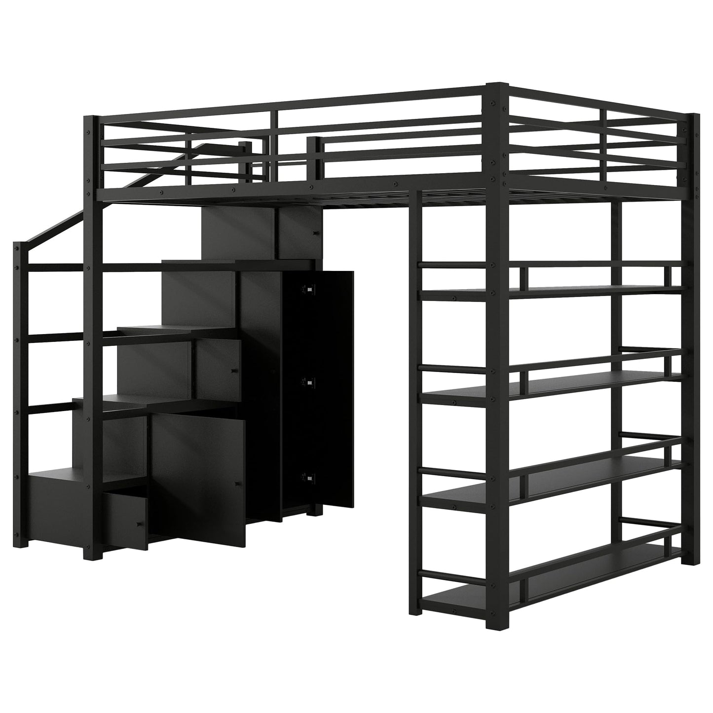 SOFTSEA Full Size Loft Bed with Storage Stairs, Full Metal Loft Bed with Wardrobe, Shelves, Cabinets and Wardrobe for Adults, Stairway Loft Bed Heavy Duty with Storage Steps for Kids Teens, Black