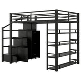 SOFTSEA Full Size Loft Bed with Storage Stairs, Full Metal Loft Bed with Wardrobe, Shelves, Cabinets and Wardrobe for Adults, Stairway Loft Bed Heavy Duty with Storage Steps for Kids Teens, Black SOFTSEA