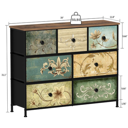 Tohomeor Dresser with Drawers for Bedroom Chest of Drawers Fabric Dresser for Closet,Nursery Entryway Hall Tree TV Stand for Living Room Retro Floral Pattern Drawers Wooden Top (7 Drawers)