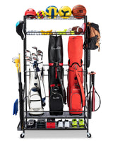 FHXZH Golf Bag Storage Garage Organizer, 3 Golf Bag Stand and Sports Equipment Storage Rack for Garage with Wheels, 4 Hooks, Golf Accessories Storage Rack with Extra Golf Clubs Display Rack FHXZH