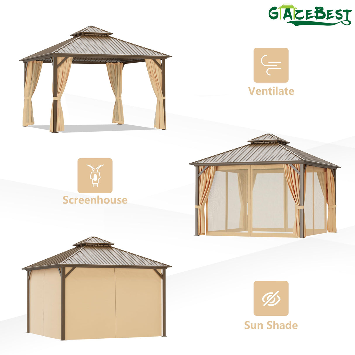 GAZEBEST 12x12 ft Hardtop Gazebo Outdoor Aluminum Patio Gazebo Double Roof Galvanized Steel Gazebo Canopy with Netting and Curtains,for Garden Patio,Patio Backyard,Deck and Lawns GAZEBEST