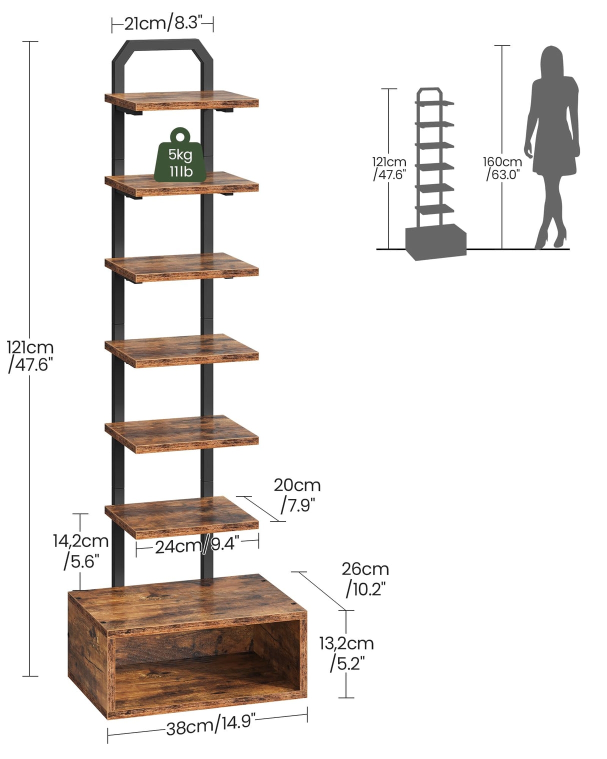 CHOEZON 8-Tier Bookshelf, LED Bookcase with Semi-Open Bottom, Small Space Standing Shelf with Lights, Corner Storage Stand, for Living Room, Home Office, Bedroom, Rustic Brown TSJ08DBF CHOEZON