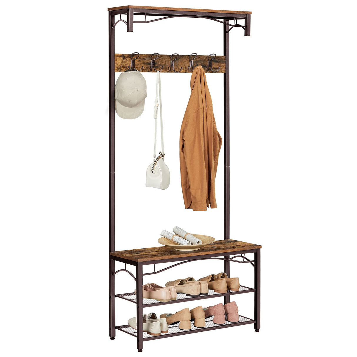 VASAGLE Coat Rack, 3-in-1 Hall Tree, Entryway Shoe Bench Coat Stand, Storage Shelves Accent Furniture Steel Frame Large Size, Industrial, Rustic Brown and Bronze UHSR45AX VASAGLE