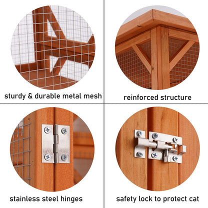 71 Inch Large Outdoor Cat House, Weatherproof Wooden Cats Catio Cat Cage Enclosure with 7 Platform and 2 Small House (Wood)