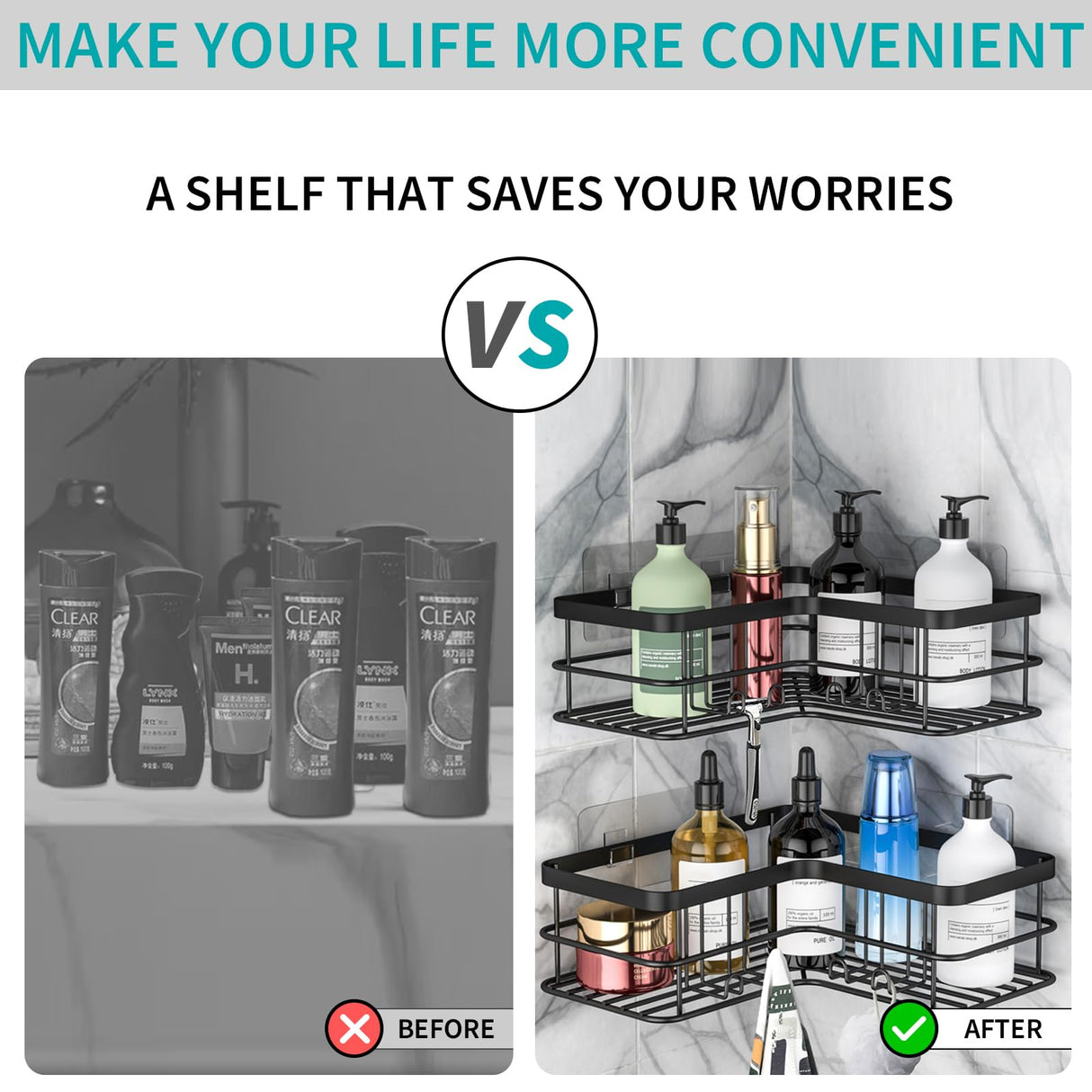 Yazoni Corner Shower Caddy, Adhesive Shower Shelves No Drilling [2-Pack], Rustproof Stainless Steel Bathroom Shower Organizer Wall Mounted with 8 Hooks (Black) Yazoni