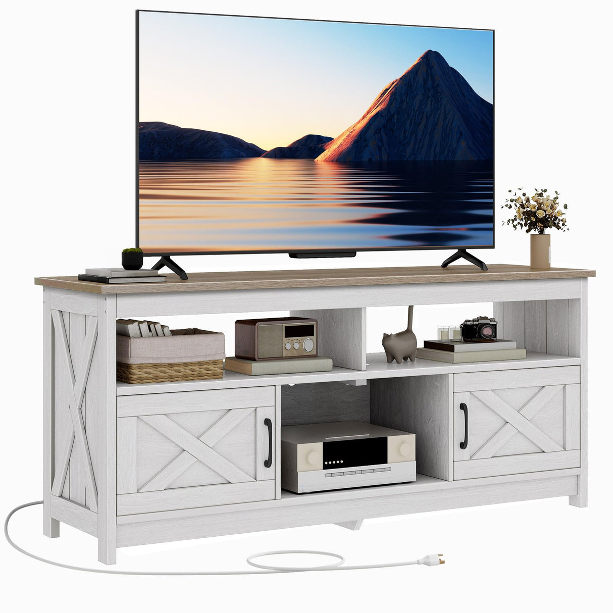 DWVO Farmhouse TV Stand for Television up to 65 Inch, Entertainment Center with Power Outlets and Open Shelf, Rustic TV Cabinet Media Console Table for Living Room, Grey White/Grey Wash, 59 Inches DWVO