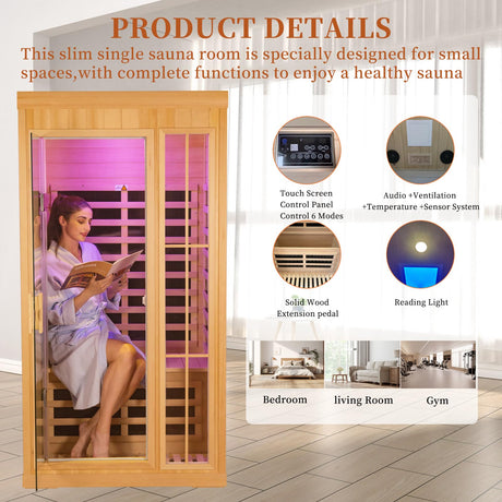 KOOZONEGM 1 to 2 Person Infrared Sauna,Hemlock Wood Low EMF FAR Dry Sauna Indoor Saunas for The Home Remote Control, with Colored Lights 1350W,Room:75.59 * 35.82 * 40Inch KOOZONEGM