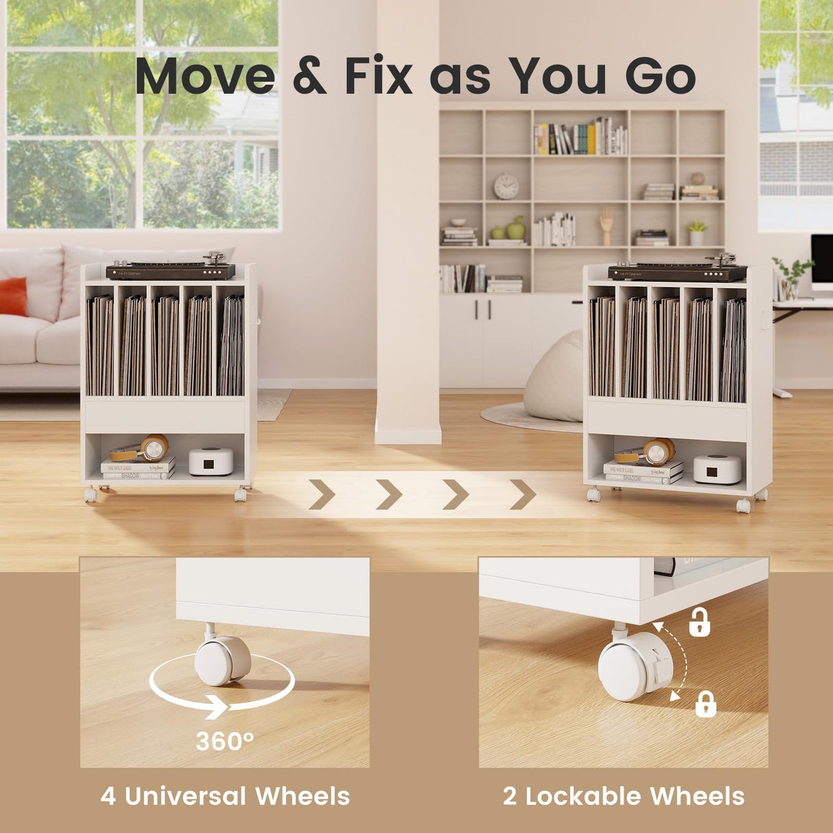 LOKO Record Player Table on Wheels, Turntable Stand with Pull-Out Drawer & Open Shelf, Rolling Storage Cabinet, Vinyl Record Display Rack Holds Up to 180 Albums, for Living Room Bedroom Study (White) LOKO