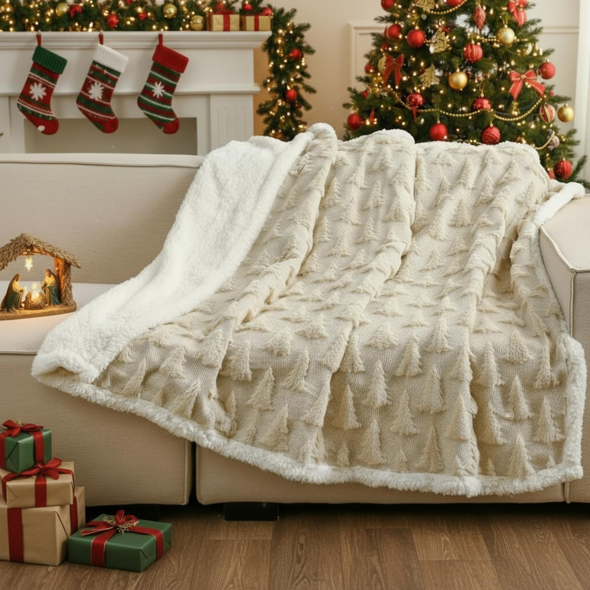 Remagr Christmas Sherpa Throw Blanket 3D Christmas Tree Snowflake Reindeer Double-Sided Thick Soft Plush Fluffy Decoration for Couch, Bed, Sofa Holiday Party Gifts, 50" x 60"(Beige,Xmas Tree) Remagr