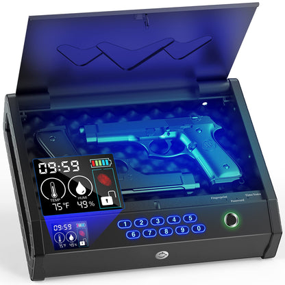 HOLEWOR Gun Safe, Biometric Safes for Pistols with LCD Display of Time Battery, Fingerprint Quick Access Handgun Safe Pistol Bedside, Nightstand, Car, 2 Capacity - WoodArtSupply