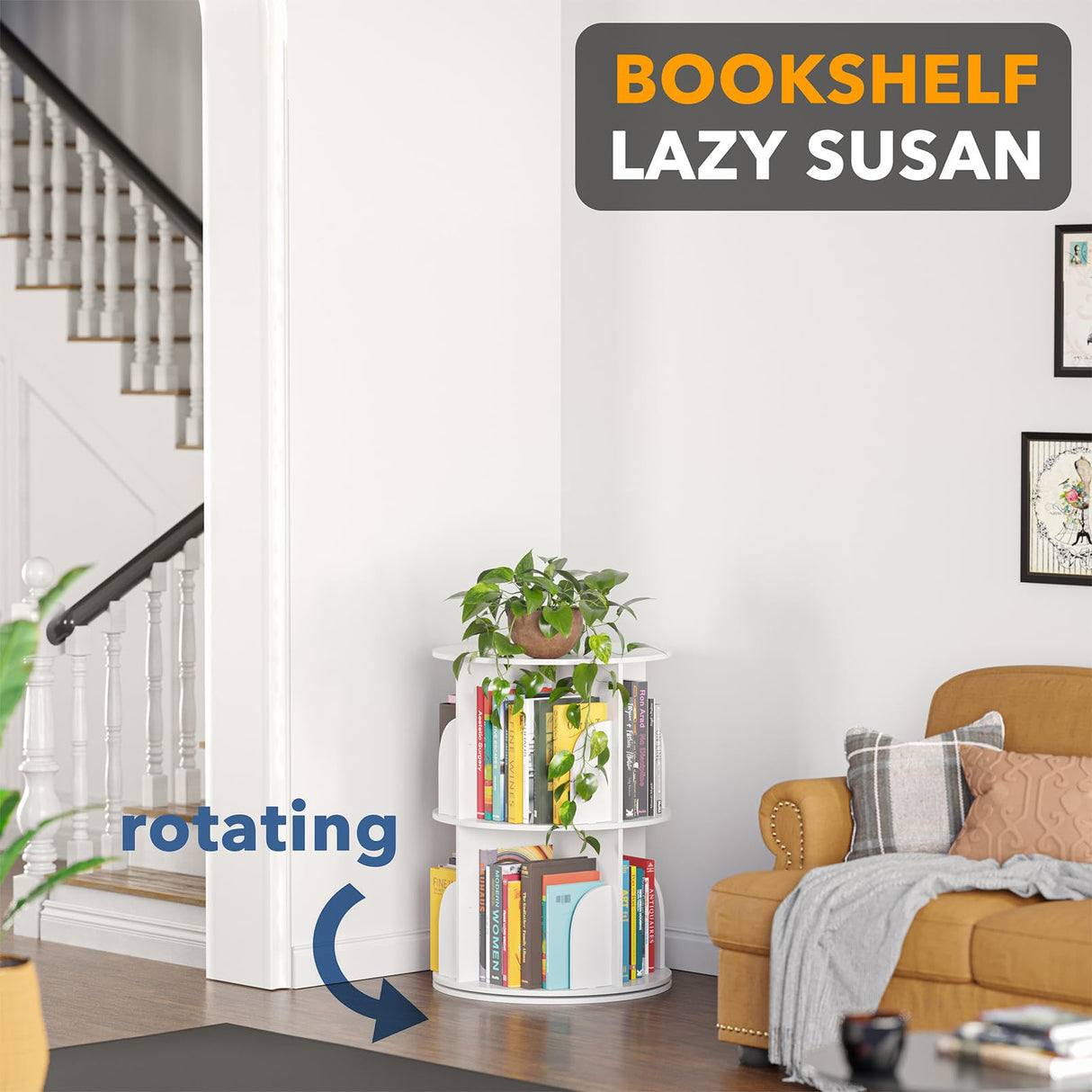 SpaceAid 2 Tier Rotating Bookshelf Tower, Spinning Bookcase Lazy Susan, Revolving 360 Book Shelf Storage Round Carousel, Vertical Rotate Turning Spiral Corner Organizer, White SpaceAid