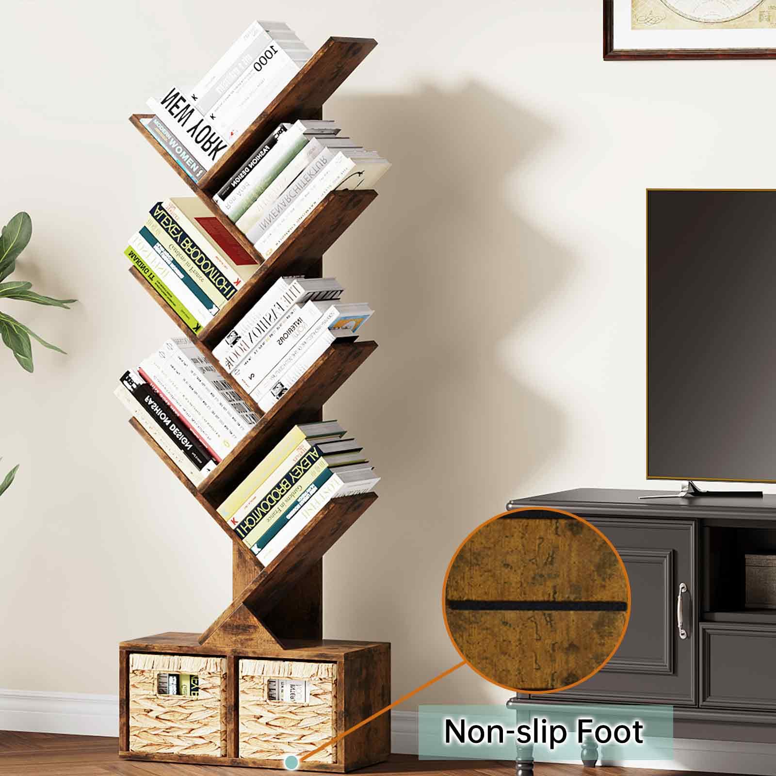 Vagusicc 6-Tier Retro Tree Bookshelf with Baskets - Elegant Floor Standing Bookcase for Home and Office Storage - WoodArtSupply