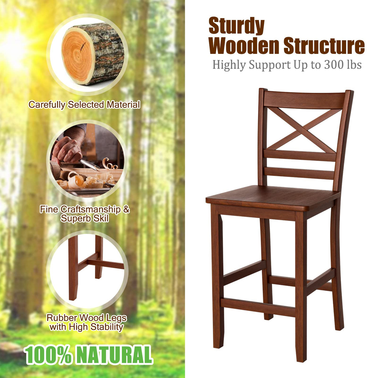 COSTWAY Bar Stools Set of 2, 25'' Antique Kitchen Counter Height Chairs with Wooden X-Shaped Backrest & Rubber Wood Legs, Suitable for Home, Cafe COSTWAY