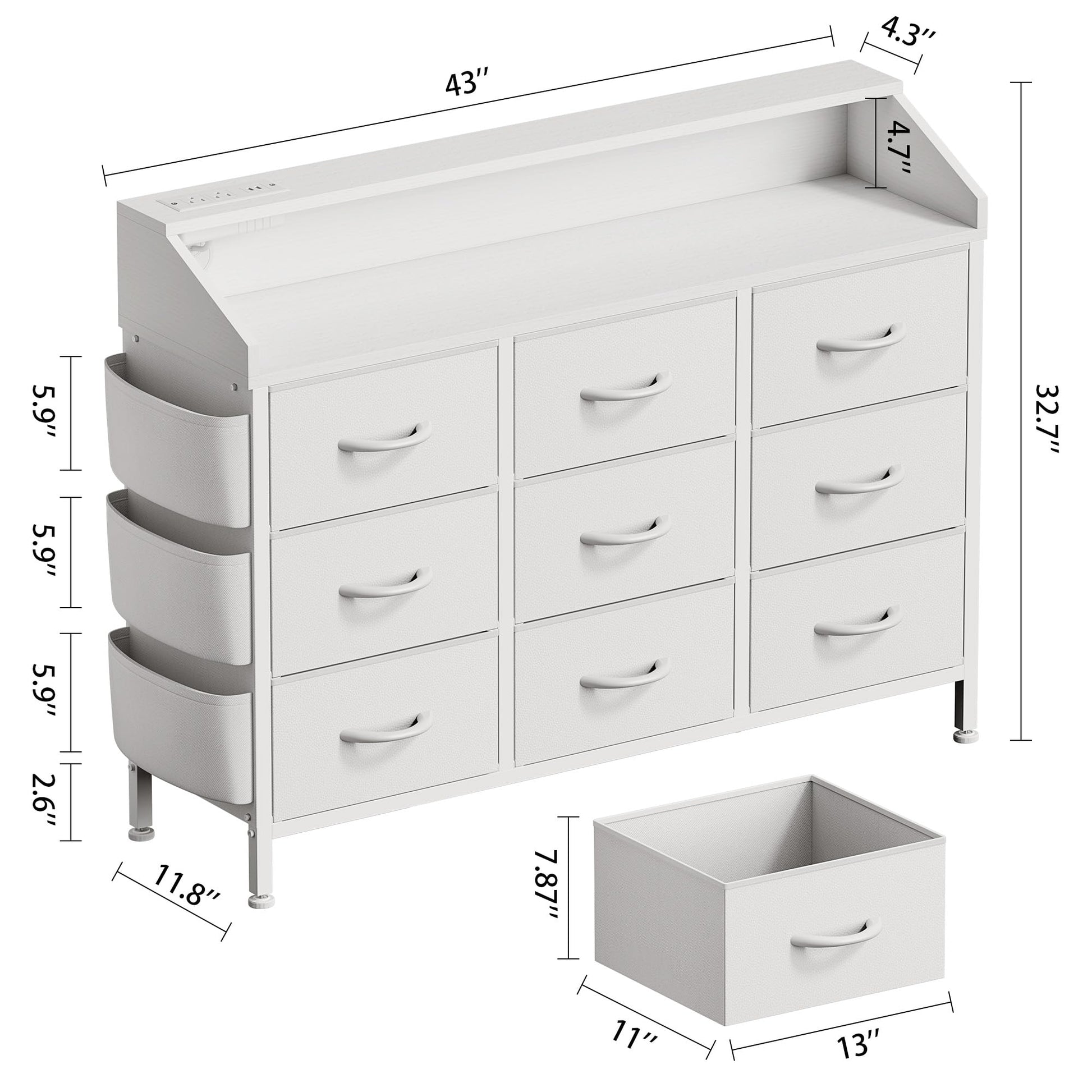 Lulive White Dresser for Bedroom 9 Drawers - Fabric Dressers for Bedroom with LED Light & Charging Station - Kids Adults Chest of Drawers for Living Room Hallway Closet Nursery (White) - WoodArtSupply