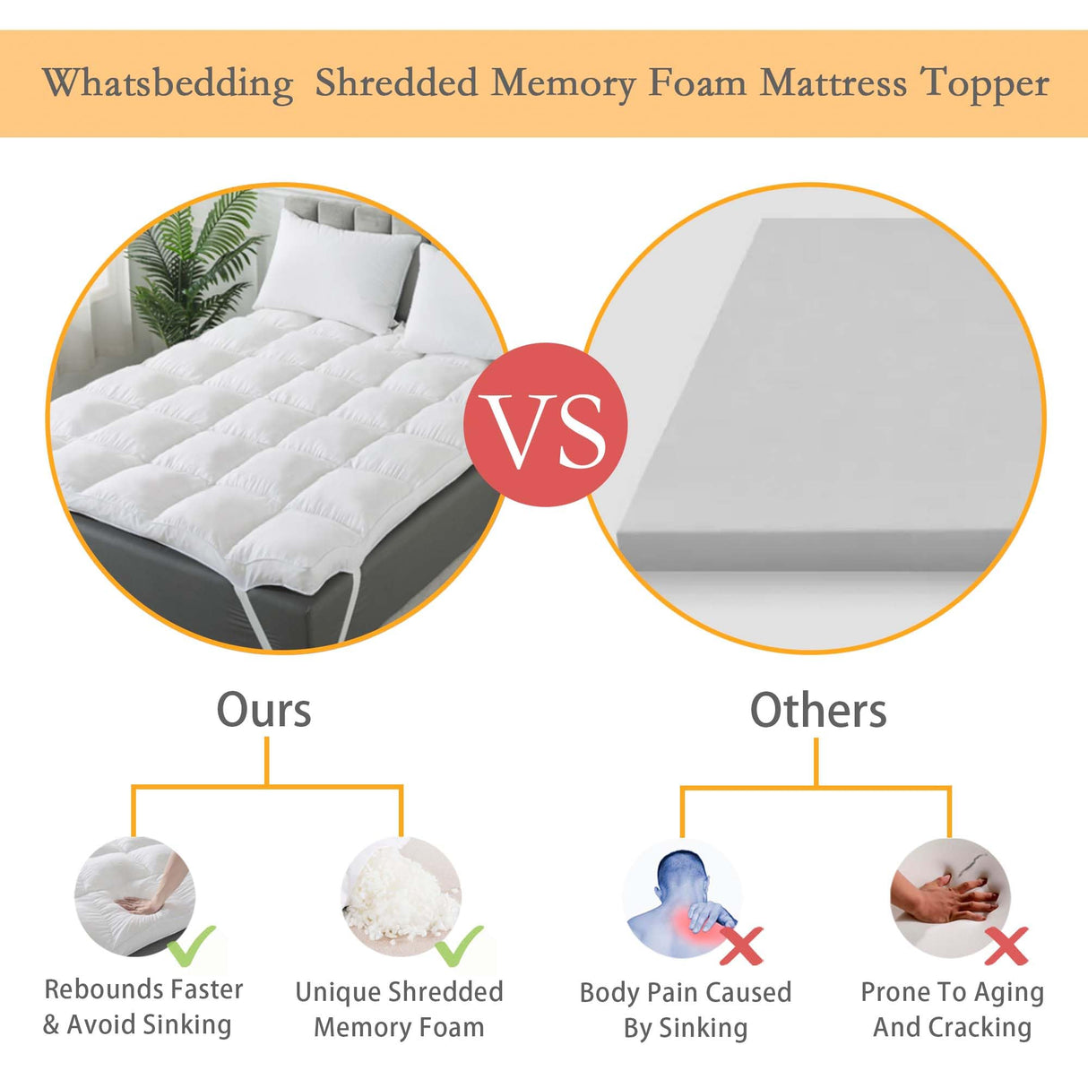 WhatsBedding 3 Inch Memory Foam Mattress Topper Queen Size for Pressure Relief, Fluffy & Soft Shredded Memory Foam Filled Pillow Top, 4 Anchor Elastic Bands, 1700GSM, 60x80in WhatsBedding